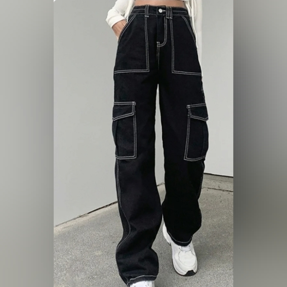 Black Cargo Jeans High Waist Wide Straight Leg Trousers - Picture 10 of 11